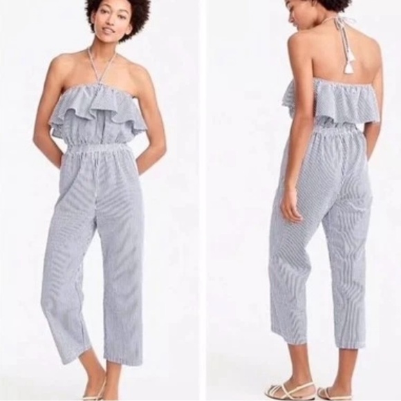 J.Crew Blue and White Striped Cotton Seersucker Ruffle Jumpsuit Size XXS - Picture 1 of 12